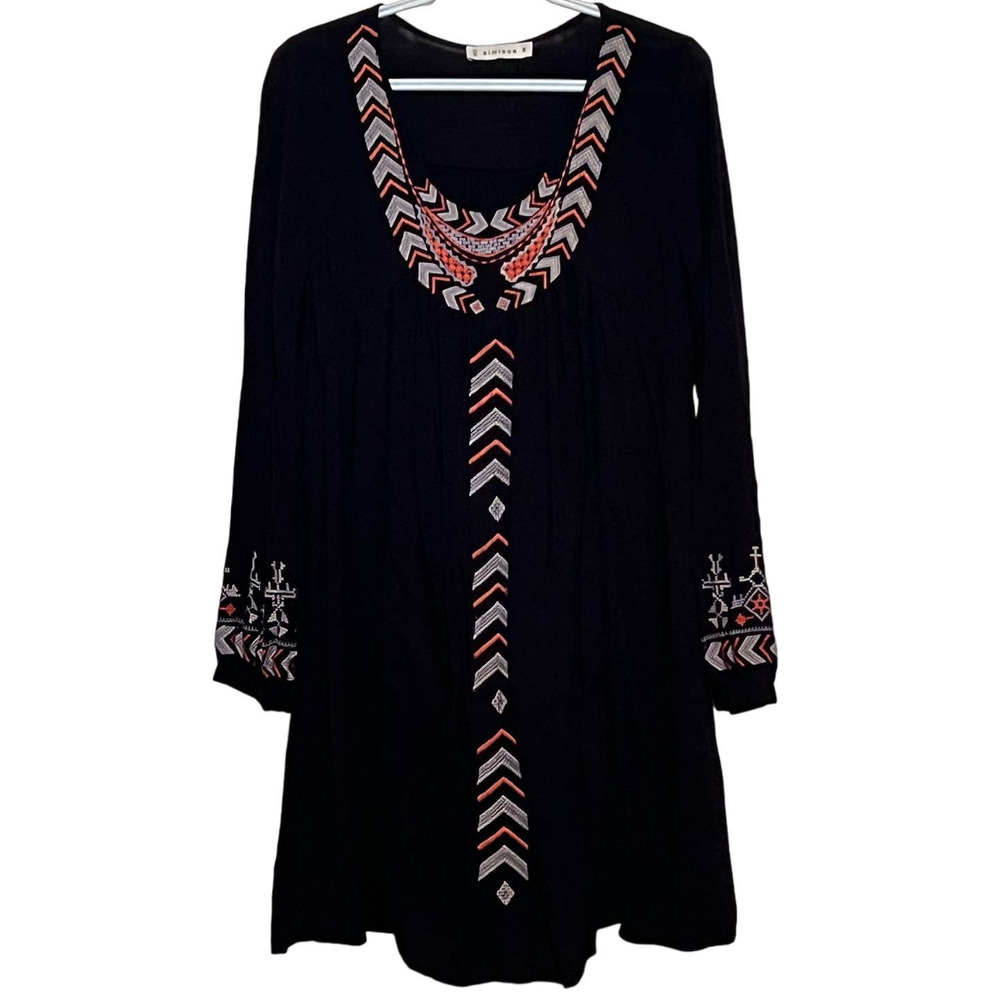 Simi Sue Women's Black Embroidered Orange Cream Long Sleeve Dress Size M